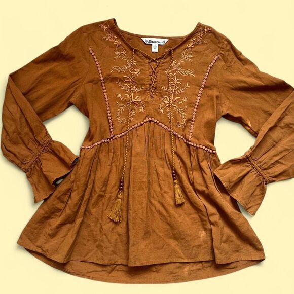 Burnt Orange Embroidered Linen-Blend,Babydoll, Boho Tunic/Peasant Blouse - Picture 3 of 8